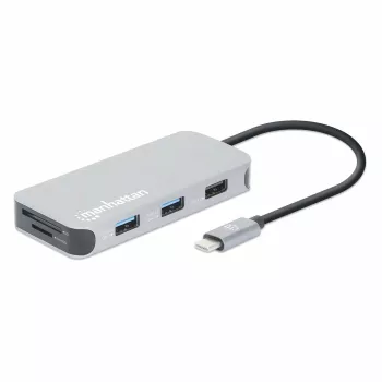 Manhattan USB-C Dock/Hub mit Kartenleser, Anschlüsse (x6): Ethernet, HDMI, USB-A (x3) und USB-C, mit Power Delivery (100 W) am USB-C-Anschluss (Hinweis: zusätzliches USB-C-Netzteil und USB-C-Kabel erforderlich), universell für alle Geräte, Kabel 15 cm, Aluminium, Silber