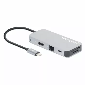 Manhattan USB-C Dock/Hub mit Kartenleser, Anschlüsse (x6): Ethernet, HDMI, USB-A (x3) und USB-C, mit Power Delivery (100 W) am USB-C-Anschluss (Hinweis: zusätzliches USB-C-Netzteil und USB-C-Kabel erforderlich), universell für alle Geräte, Kabel 15 cm, Aluminium, Silber