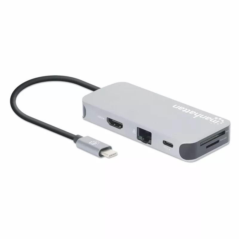 Manhattan USB-C Dock/Hub mit Kartenleser, Anschlüsse (x6): Ethernet, HDMI, USB-A (x3) und USB-C, mit Power Delivery (100 W) am USB-C-Anschluss (Hinweis: zusätzliches USB-C-Netzteil und USB-C-Kabel erforderlich), universell für alle Geräte, Kabel 15 cm, Aluminium, Silber