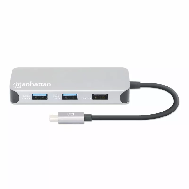 Manhattan USB-C Dock/Hub mit Kartenleser, Anschlüsse (x6): Ethernet, HDMI, USB-A (x3) und USB-C, mit Power Delivery (100 W) am USB-C-Anschluss (Hinweis: zusätzliches USB-C-Netzteil und USB-C-Kabel erforderlich), universell für alle Geräte, Kabel 15 cm, Aluminium, Silber