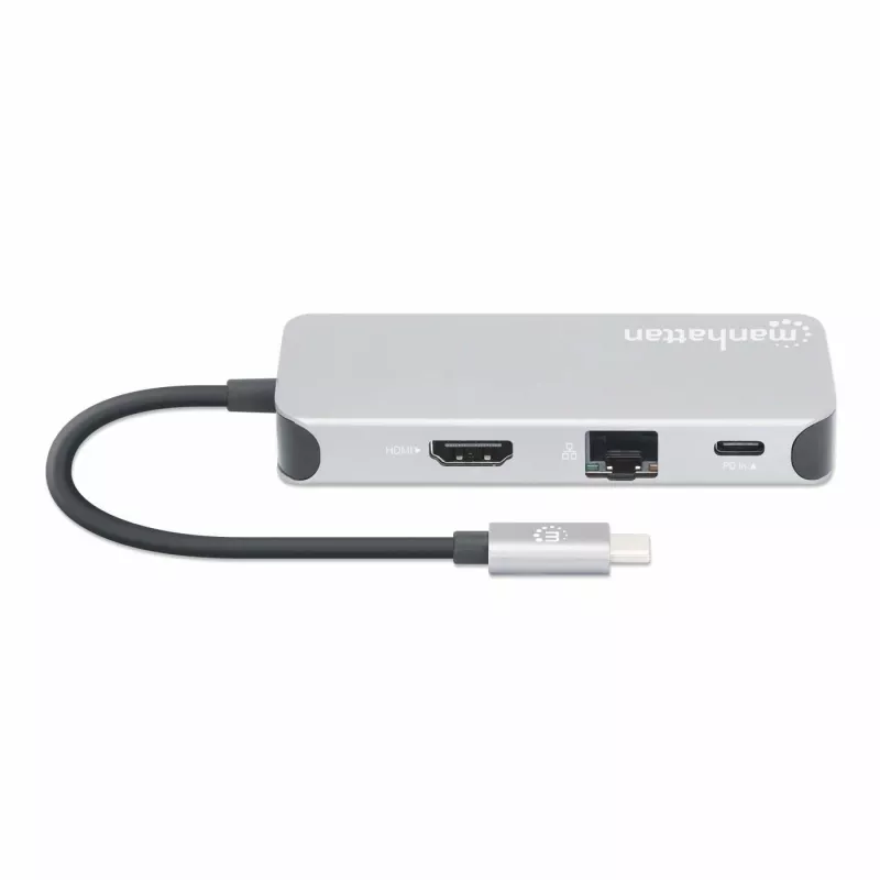 Manhattan USB-C Dock/Hub mit Kartenleser, Anschlüsse (x6): Ethernet, HDMI, USB-A (x3) und USB-C, mit Power Delivery (100 W) am USB-C-Anschluss (Hinweis: zusätzliches USB-C-Netzteil und USB-C-Kabel erforderlich), universell für alle Geräte, Kabel 15 cm, Aluminium, Silber