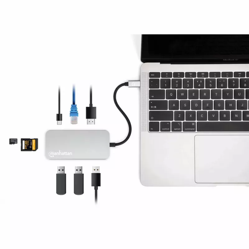 Manhattan USB-C Dock/Hub mit Kartenleser, Anschlüsse (x6): Ethernet, HDMI, USB-A (x3) und USB-C, mit Power Delivery (100 W) am USB-C-Anschluss (Hinweis: zusätzliches USB-C-Netzteil und USB-C-Kabel erforderlich), universell für alle Geräte, Kabel 15 cm, Aluminium, Silber