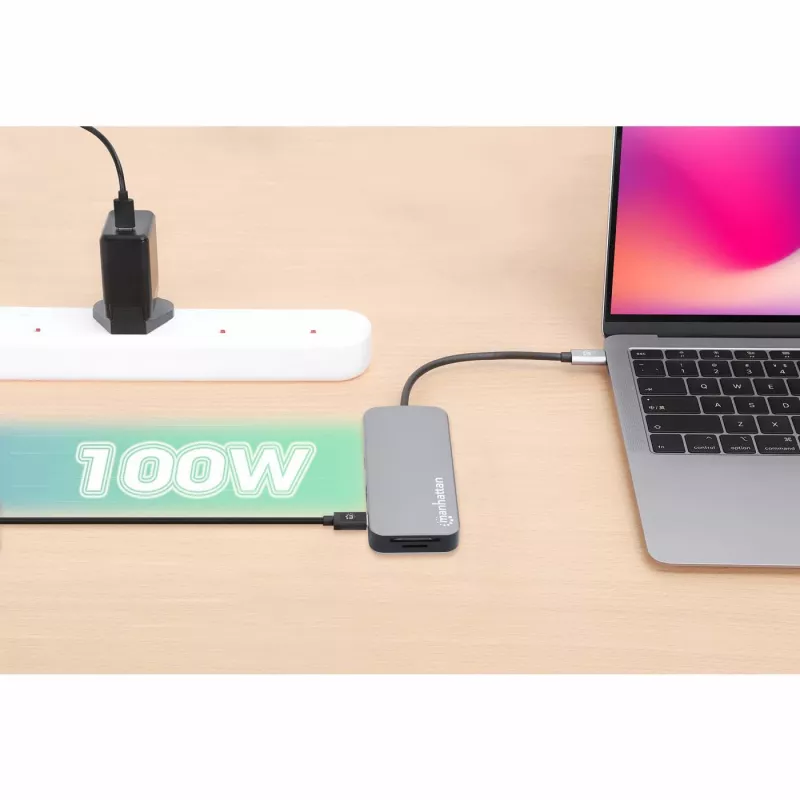 Manhattan USB-C Dock/Hub mit Kartenleser, Anschlüsse (x6): Ethernet, HDMI, USB-A (x3) und USB-C, mit Power Delivery (100 W) am USB-C-Anschluss (Hinweis: zusätzliches USB-C-Netzteil und USB-C-Kabel erforderlich), universell für alle Geräte, Kabel 15 cm, Aluminium, Silber