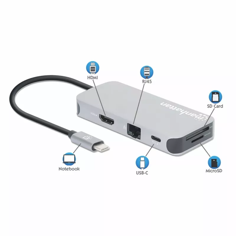 Manhattan USB-C Dock/Hub mit Kartenleser, Anschlüsse (x6): Ethernet, HDMI, USB-A (x3) und USB-C, mit Power Delivery (100 W) am USB-C-Anschluss (Hinweis: zusätzliches USB-C-Netzteil und USB-C-Kabel erforderlich), universell für alle Geräte, Kabel 15 cm, Aluminium, Silber