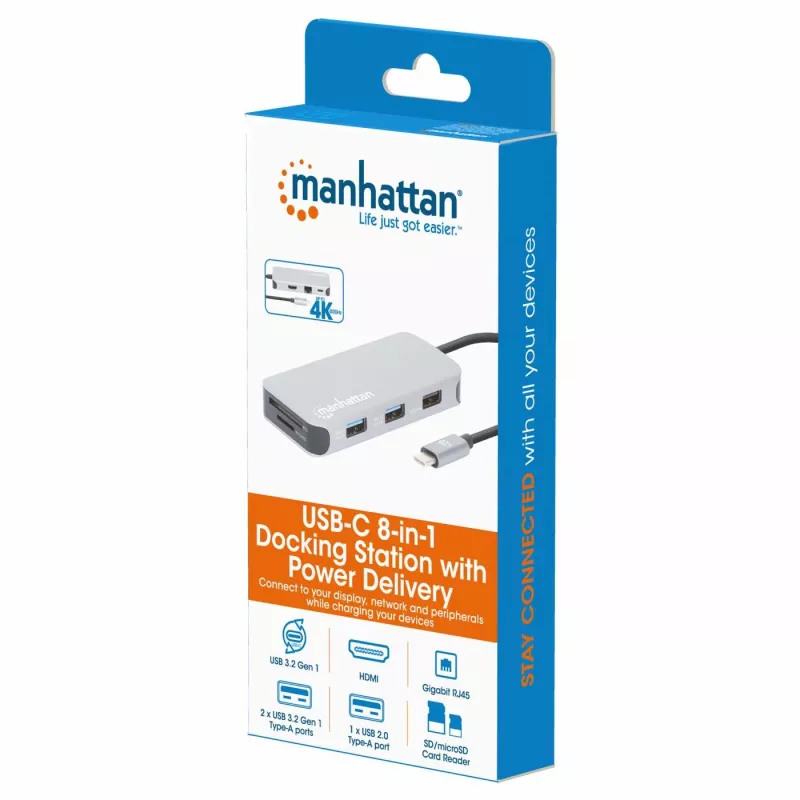 Manhattan USB-C Dock/Hub mit Kartenleser, Anschlüsse (x6): Ethernet, HDMI, USB-A (x3) und USB-C, mit Power Delivery (100 W) am USB-C-Anschluss (Hinweis: zusätzliches USB-C-Netzteil und USB-C-Kabel erforderlich), universell für alle Geräte, Kabel 15 cm, Aluminium, Silber