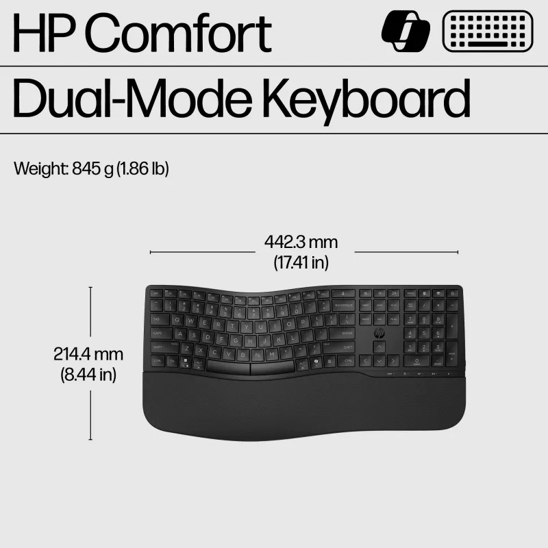 HP 685 Comfort Dual-Mode Keyboard, QWERTY, Full-size (100%), Wireless, RF Wireless + Bluetooth, Membrane, QWERTY, Schwarz