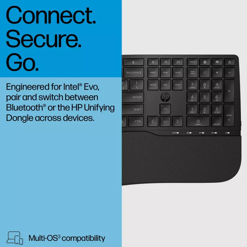 HP 685 Comfort Dual-Mode Keyboard, QWERTY, Full-size (100%), Wireless, RF Wireless + Bluetooth, Membrane, QWERTY, Schwarz