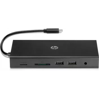 USB-C Multi Port Hub HP Travel – HP 1C1Y5AA, USB-C Host, HDMI 2.0, VGA, 1×RJ-45, 2×USB-A 3.2 Gen1, 2×USB 2.0, MicroSD-Kartenleser, Schwarz