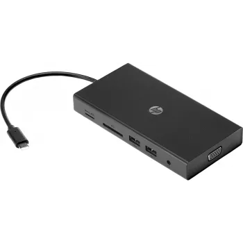 USB-C Multi Port Hub HP Travel – HP 1C1Y5AA, USB-C Host, HDMI 2.0, VGA, 1×RJ-45, 2×USB-A 3.2 Gen1, 2×USB 2.0, MicroSD-Kartenleser, Schwarz