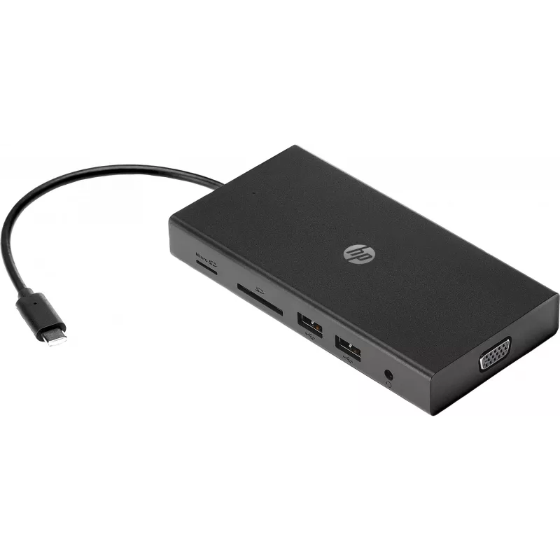 USB-C Multi Port Hub HP Travel – HP 1C1Y5AA, USB-C Host, HDMI 2.0, VGA, 1×RJ-45, 2×USB-A 3.2 Gen1, 2×USB 2.0, MicroSD-Kartenleser, Schwarz