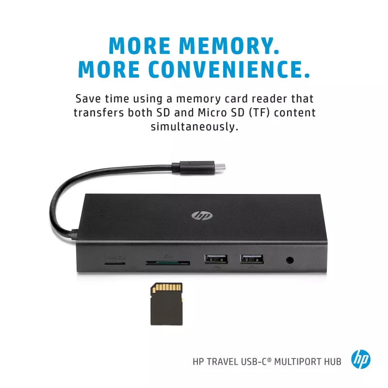 USB-C Multi Port Hub HP Travel – HP 1C1Y5AA, USB-C Host, HDMI 2.0, VGA, 1×RJ-45, 2×USB-A 3.2 Gen1, 2×USB 2.0, MicroSD-Kartenleser, Schwarz