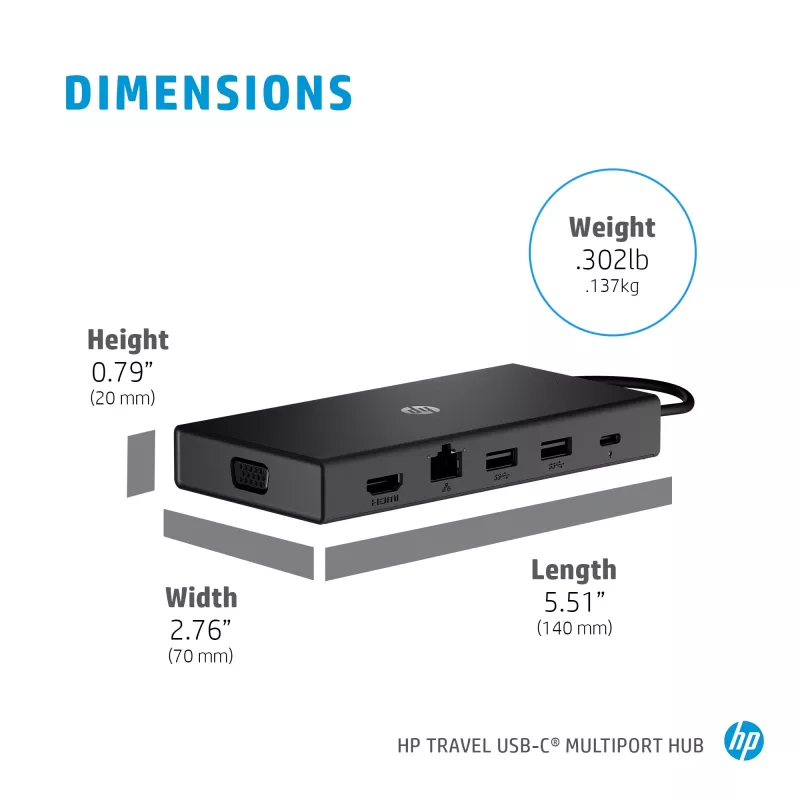USB-C Multi Port Hub HP Travel – HP 1C1Y5AA, USB-C Host, HDMI 2.0, VGA, 1×RJ-45, 2×USB-A 3.2 Gen1, 2×USB 2.0, MicroSD-Kartenleser, Schwarz