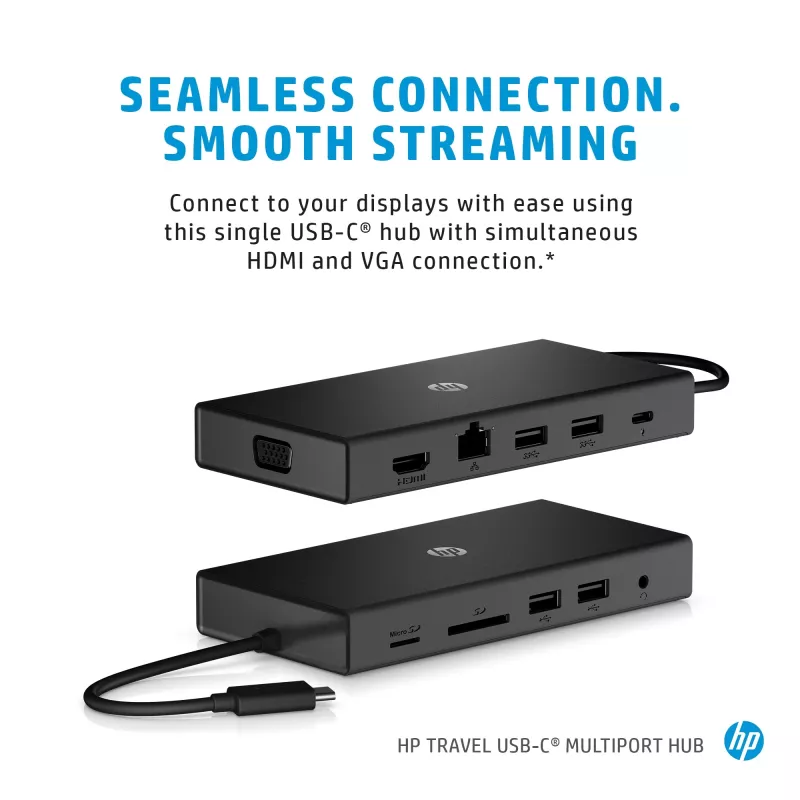 USB-C Multi Port Hub HP Travel – HP 1C1Y5AA, USB-C Host, HDMI 2.0, VGA, 1×RJ-45, 2×USB-A 3.2 Gen1, 2×USB 2.0, MicroSD-Kartenleser, Schwarz