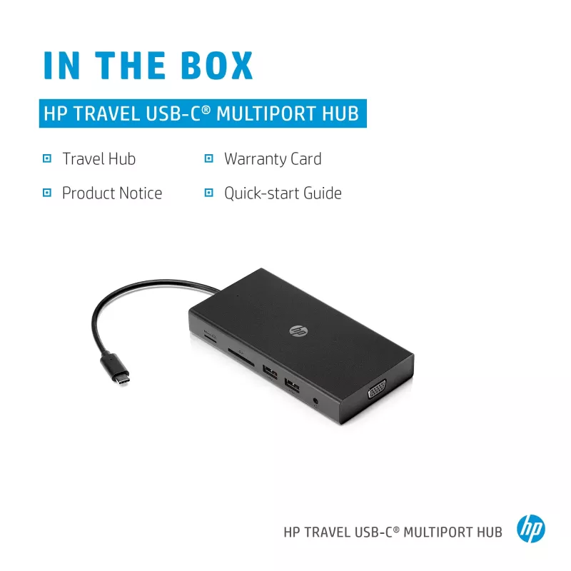 USB-C Multi Port Hub HP Travel – HP 1C1Y5AA, USB-C Host, HDMI 2.0, VGA, 1×RJ-45, 2×USB-A 3.2 Gen1, 2×USB 2.0, MicroSD-Kartenleser, Schwarz