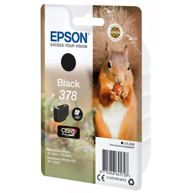 Epson Squirrel Singlepack Schwarz 378 Claria Photo HD Tinte, Standardausbeute, Schwarz, Pigmenttinte, 5,5 ml, 1 Stück, 240 Seiten