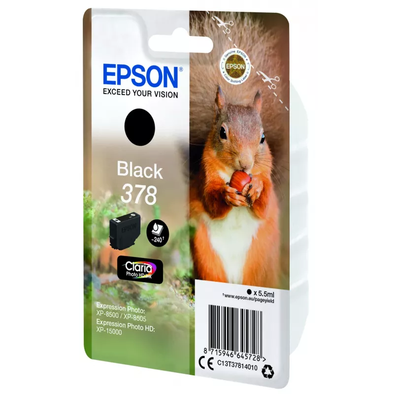 Epson Squirrel Singlepack Schwarz 378 Claria Photo HD Tinte, Standardausbeute, Schwarz, Pigmenttinte, 5,5 ml, 1 Stück, 240 Seiten