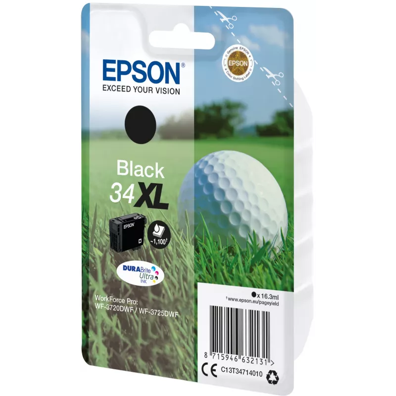Epson Golfball Einzelpackung Schwarz 34XL DURABrite Ultra Tinte, Hohe (XL) Reichweite, Schwarz, Pigmentbasierte Tinte, 16,3 ml, 1 Stück, 1100 Seiten