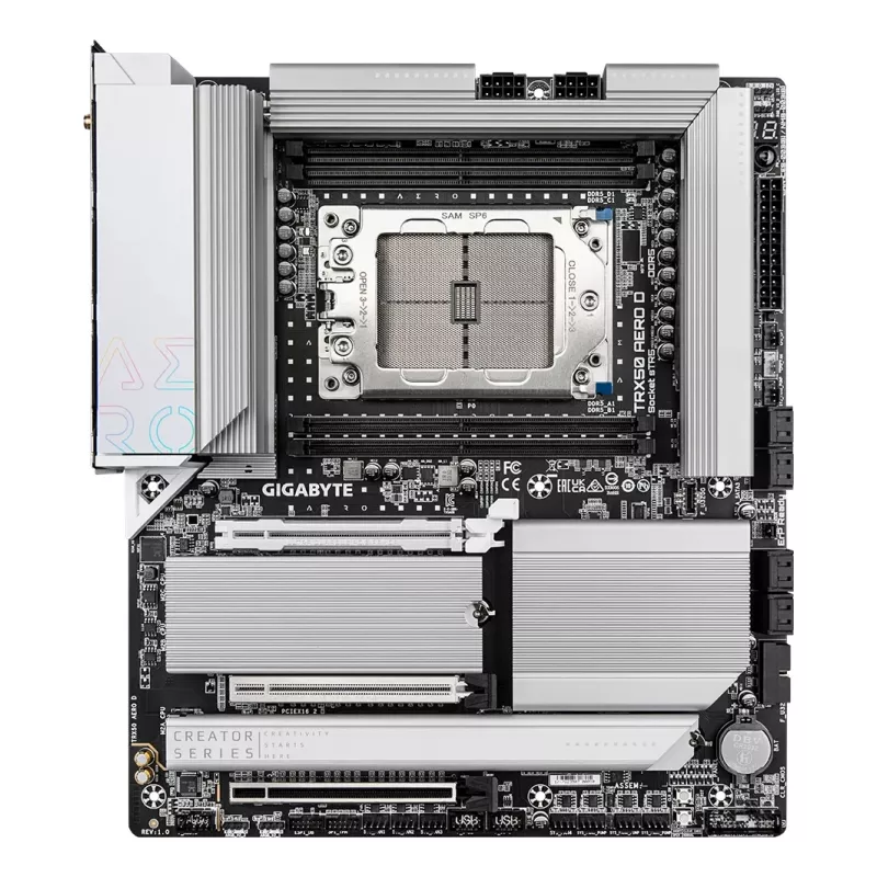 GIGABYTE TRX50 AERO D Motherboard - Unterstützt AMD Ryzen Threadripper 9000 Series CPUs, 16+8+4 Phasen Digital VRM, bis zu 7800 MHz DDR5 (OC), 3xPCIe 5.0 + 1xPCIe 4.0 M.2, Wi-Fi 7, 10GbE LAN, USB4