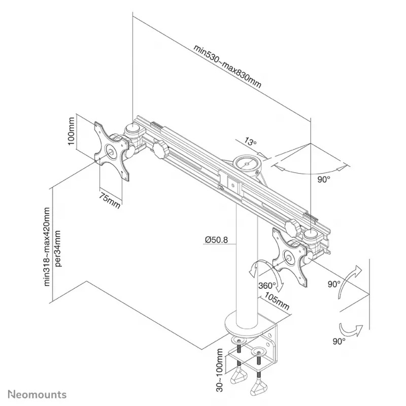 Neomounts FPMA-D700D Monitorarm 19-30 Zoll, Klemmbefestigung, 8 kg, 48,3 cm (19 Zoll), 76,2 cm (30 Zoll), 100 x 100 mm, Schwarz