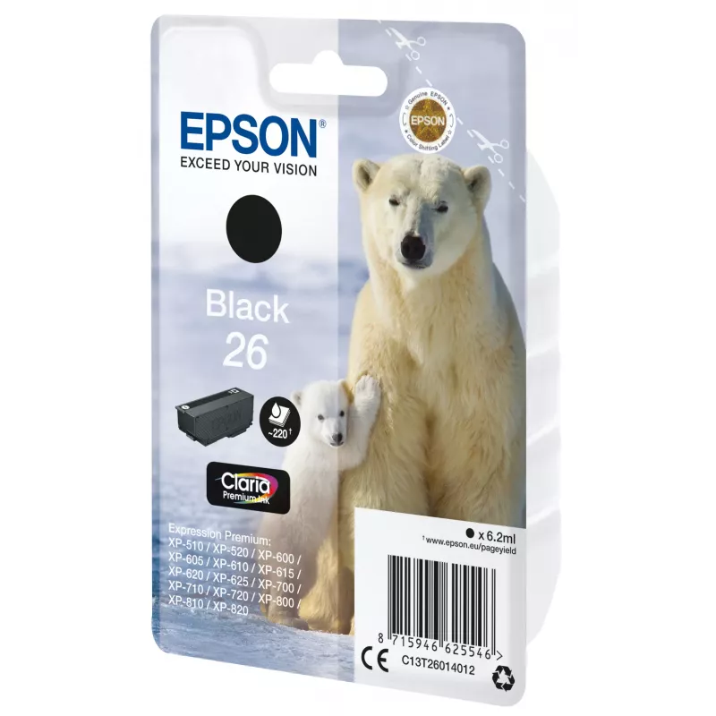 Epson Polar Bear Einzelpackung Schwarz 26 Claria Premium Tinte, Standard-Reichweite, Schwarz, Pigmenttinte, 6,2 ml, 1 Stück, 220 Seiten