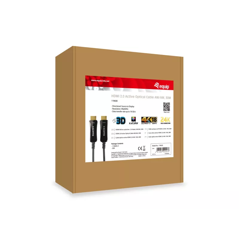 Equip HDMI 2.0 Aktives Optisches Kabel, M/M, 30m, 30 m, HDMI Typ A (Standard), HDMI Typ A (Standard), 3D, 18 Gbit/s, Schwarz