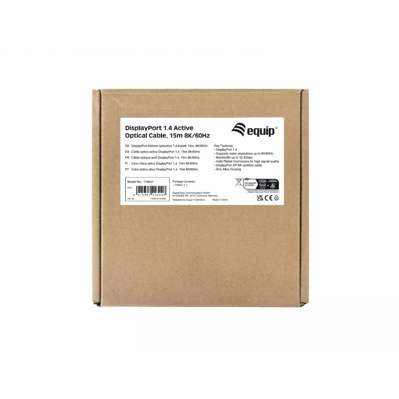 Equip DisplayPort 1.4 Active Optical Cable, 15m 8K/60Hz, 15 m, DisplayPort, DisplayPort, Male, Male, 7680 x 4320 pixels