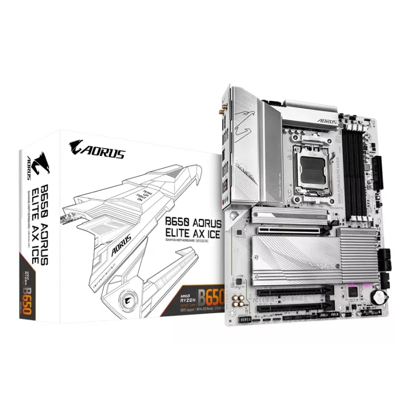 GIGABYTE B650 AORUS ELITE AX ICE Mainboard - Unterstützt AMD Ryzen 9000 CPUs, 12+2+2 Phasen digitales VRM, bis zu 8000 MHz DDR5 (OC), 1xPCIe 5.0 + 2xPCIe 4.0 M.2, Wi-Fi 6E, 2.5GbE LAN, USB 3.2 Gen 2x2