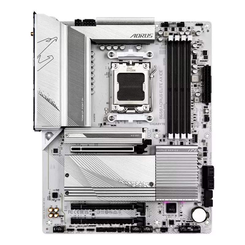 GIGABYTE B650 AORUS ELITE AX ICE Mainboard - Unterstützt AMD Ryzen 9000 CPUs, 12+2+2 Phasen digitales VRM, bis zu 8000 MHz DDR5 (OC), 1xPCIe 5.0 + 2xPCIe 4.0 M.2, Wi-Fi 6E, 2.5GbE LAN, USB 3.2 Gen 2x2