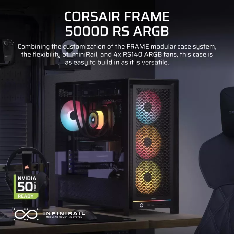 PC-Gehäuse CORSAIR FRAME 5000D RS ARGB Midi-Tower Schwarz — ATX, unterstützt 3x140mm Frontlüfter, 2,5/3,5-Zoll-Laufwerke