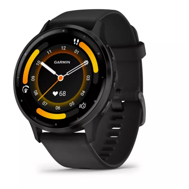 GARMIN INTERNATIONAL Venu 3 – Lünetten aus gebürstetem Edelstahl mit schwarzem Gehäuse und Silikonarmband – 45 mm