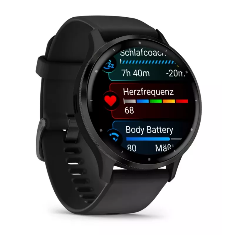 GARMIN INTERNATIONAL Venu 3 – Lünetten aus gebürstetem Edelstahl mit schwarzem Gehäuse und Silikonarmband – 45 mm