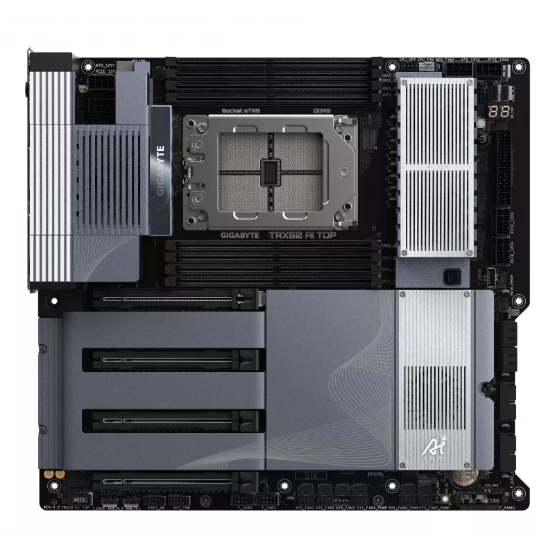 GIGABYTE TRX50 AI TOP-2B Motherboard - AMD Ryzen Threadripper PRO 7000 CPUs, 16+8+4 Phases Digital VRM, bis zu 5200 MHz DDR5, 4xPCIe 5.0 M.2, Wi-Fi 7, 10 GbE LAN, USB 4