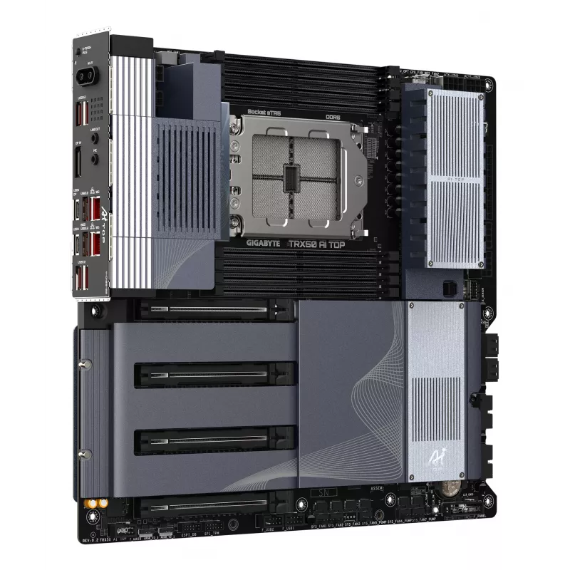 GIGABYTE TRX50 AI TOP-2B Motherboard - AMD Ryzen Threadripper PRO 7000 CPUs, 16+8+4 Phases Digital VRM, bis zu 5200 MHz DDR5, 4xPCIe 5.0 M.2, Wi-Fi 7, 10 GbE LAN, USB 4
