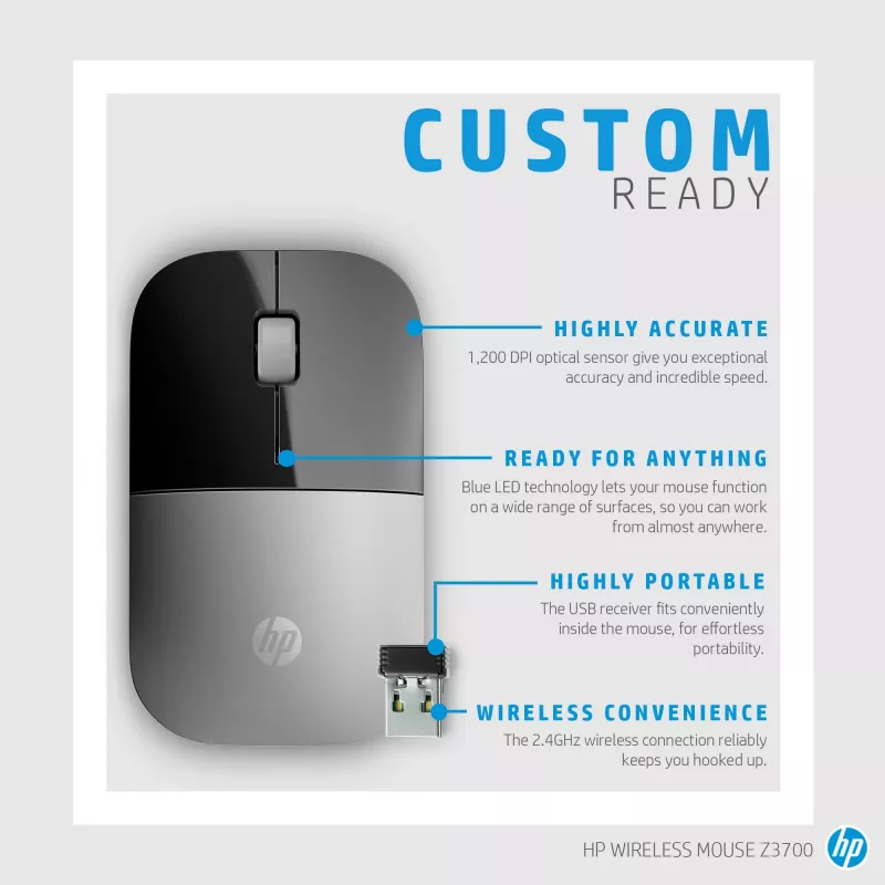 HP Z3700 Blue Wireless Mouse, beidhändig, optisch, RF Wireless, 1200 DPI, Blau