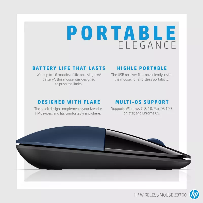 HP Z3700 Blue Wireless Mouse, beidhändig, optisch, RF Wireless, 1200 DPI, Blau