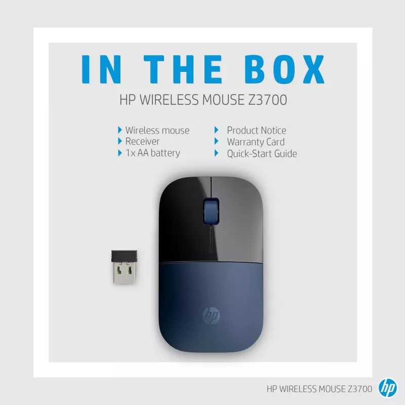 HP Z3700 Blue Wireless Mouse, beidhändig, optisch, RF Wireless, 1200 DPI, Blau