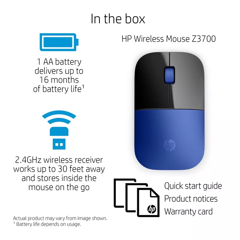 HP Z3700 Blue Wireless Mouse, beidhändig, optisch, RF Wireless, 1200 DPI, Blau