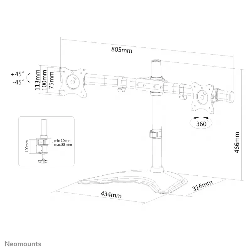 Neomounts NM-D335DBLACK Monitorhalterung 10-27 Zoll, Klemm-/Stand-/Durchführungsmontage, 8 kg, 25,4 cm (10 Zoll), 68,6 cm (27 Zoll), 100 x 100 mm, Schwarz