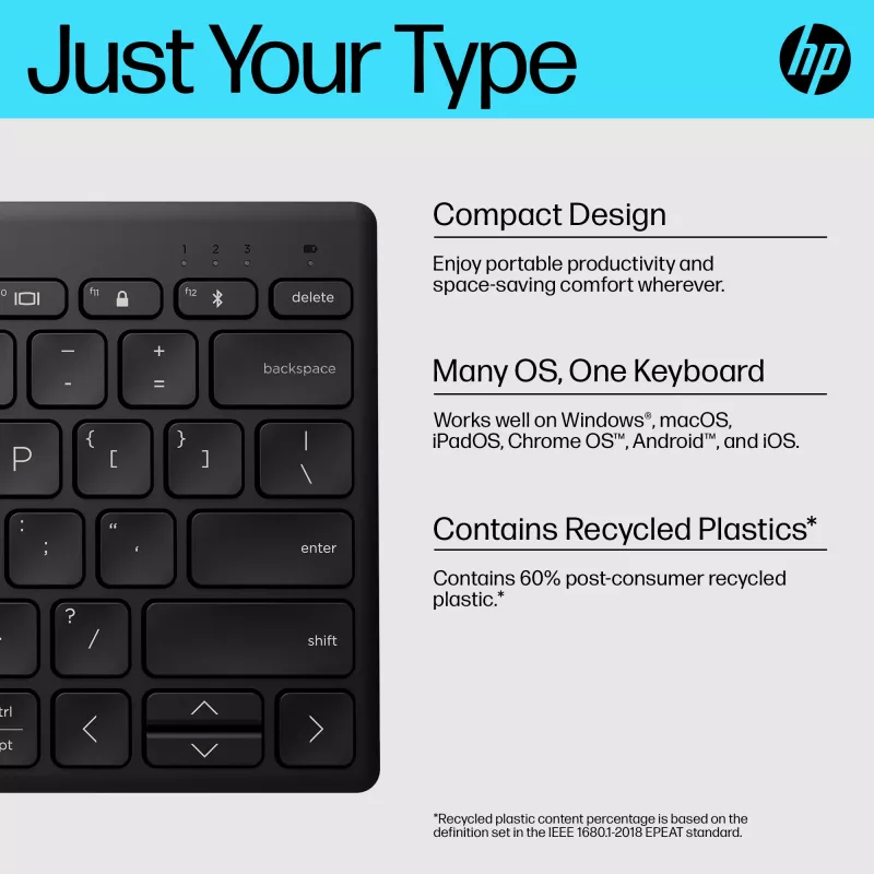 Kompakte Bluetooth-Tastatur HP 355 – kabellose mechanische Tasten, schwarz, 0,34 kg