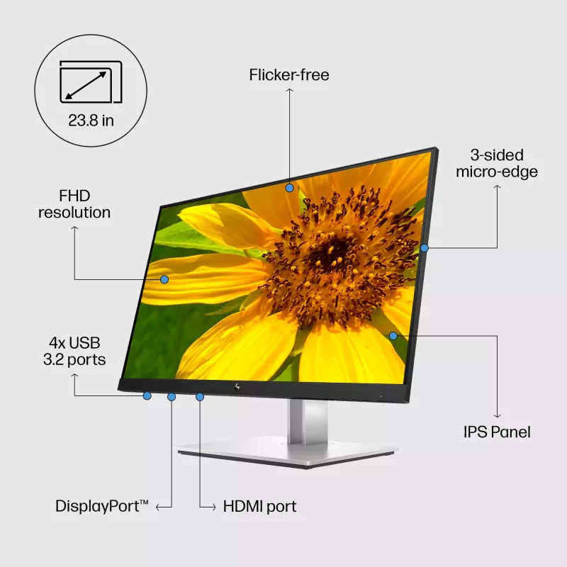 HP E-Series E24 G4 FHD Monitor, 60,5 cm (23,8 Zoll), 1920 x 1080 Pixel, Full HD, LCD, 5 ms, Schwarz