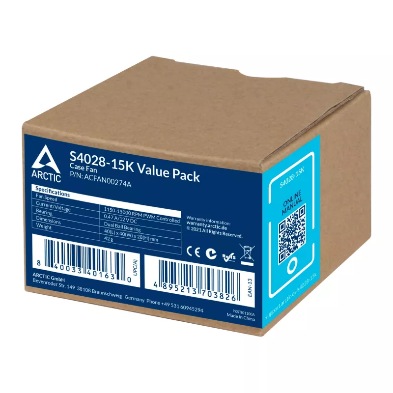 ARCTIC S4028-6K - 40 mm Server-Lüfter, Lüfter, 4 cm, 250 RPM, 6000 RPM, 12,06 m³/h, Schwarz