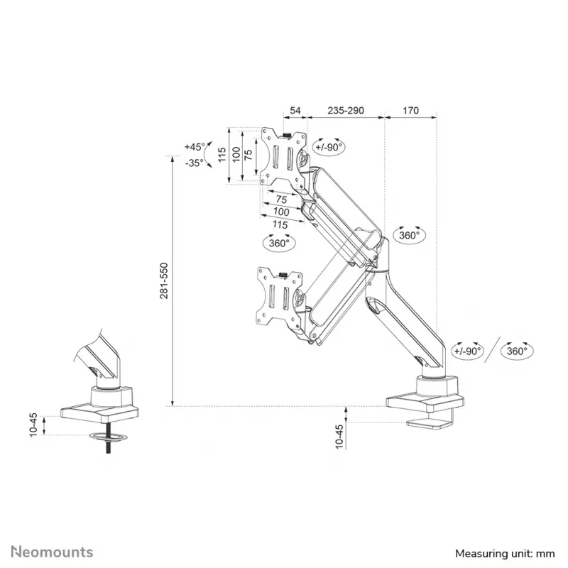 Neomounts DS70-450BL1 Monitorarm 17-42 Zoll - Gasfeder - Topfix - 180°-Stopp