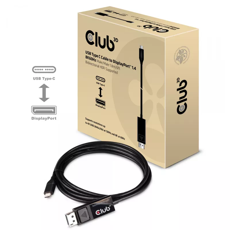 CLUB3D USB-Typ-C-Kabel auf DP 1.4 8K60Hz M/M 1,8m/5,9ft