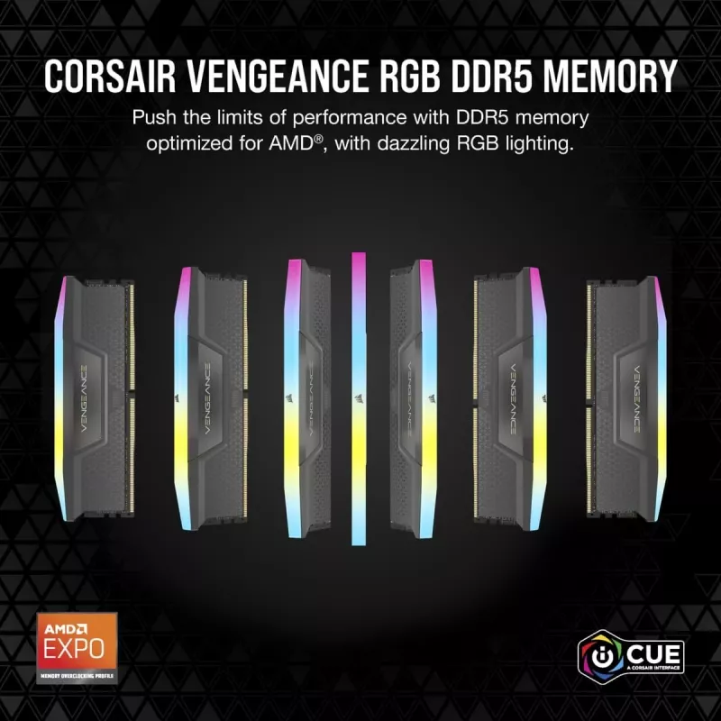 CORSAIR Memory 64GB (2x32GB) DDR5 DRAM 5200MT/s CL40 AMD EXPO & Intel XMP Memory Kit Vengeance RGB