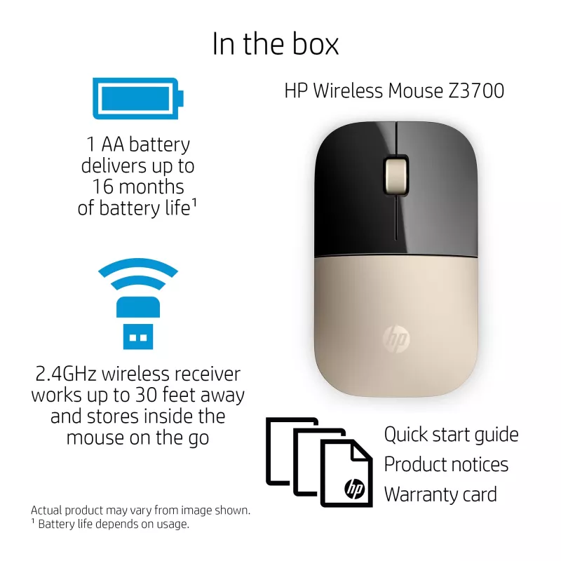 HP Z3700 Gold Wireless Mouse, beidhändig, optisch, RF Wireless, 1200 DPI, Gold