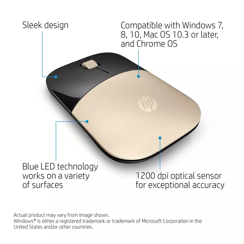 HP Z3700 Gold Wireless Mouse, beidhändig, optisch, RF Wireless, 1200 DPI, Gold
