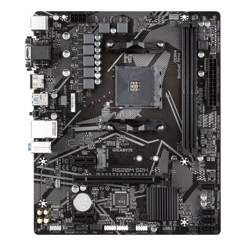 GIGABYTE A520M S2H Motherboard - Unterstützt AMD Ryzen 5000 Serie AM4 CPUs, 4+3 Phasen Pure Digital VRM, bis zu 5100MHz DDR4 (OC), PCIe 3.0 x4 M.2, GbE LAN, USB 3.2 Gen 1