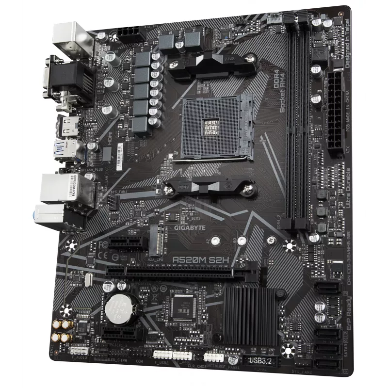 GIGABYTE A520M S2H Motherboard - Unterstützt AMD Ryzen 5000 Serie AM4 CPUs, 4+3 Phasen Pure Digital VRM, bis zu 5100MHz DDR4 (OC), PCIe 3.0 x4 M.2, GbE LAN, USB 3.2 Gen 1