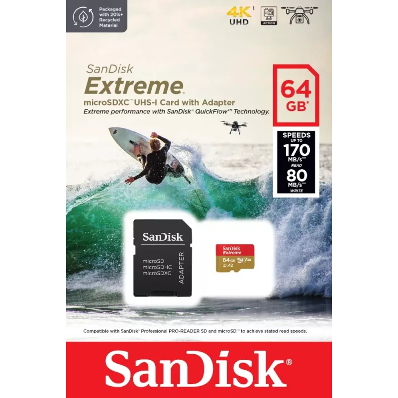 WESTERN DIGITAL Extreme microSDXC 64GB SD-Adapter Action-Cams und Drohnen 170MB/s 80MB/s A2 C10 V30 UHS-I U3