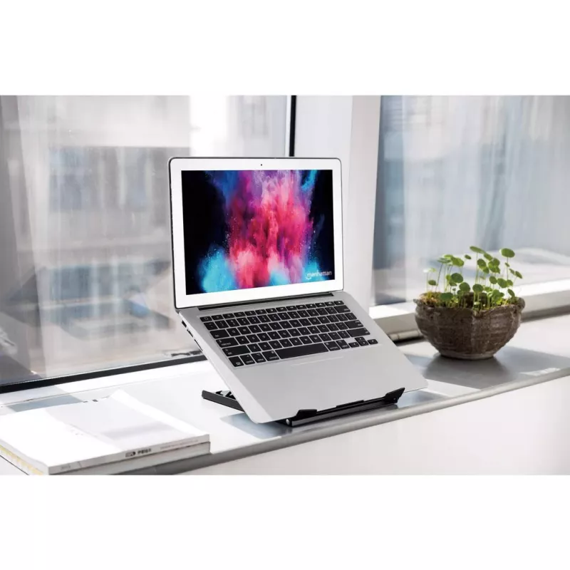 Manhattan Laptop- und Tablet-Ständer, verstellbar (5 Positionen), geeignet für alle Tablets und Laptops bis 15,6 Zoll, tragbar und leicht, Stahl, schwarz, lebenslange Garantie